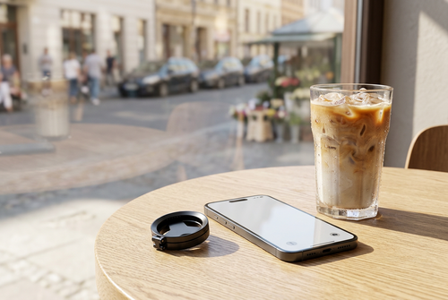 Magnetic anti-glare phone filter on a cafe table next to a phone