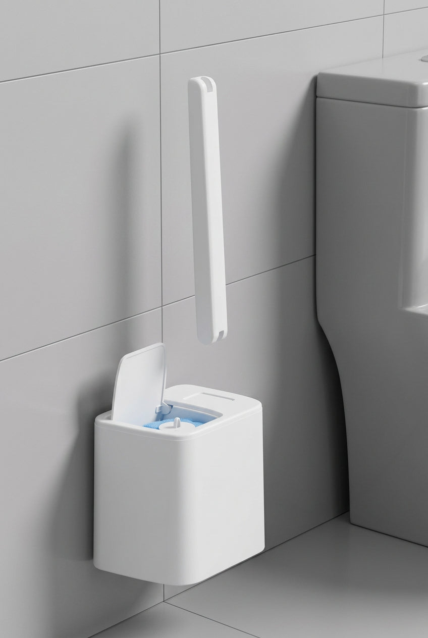 Wall-mounted toilet brush dock with self-opening lid holding a disposable scrub head
