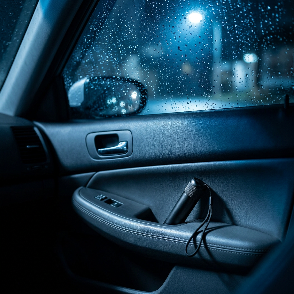 Window breaker in a car door pocket on a rainy night