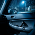 Window breaker in a car door pocket on a rainy night