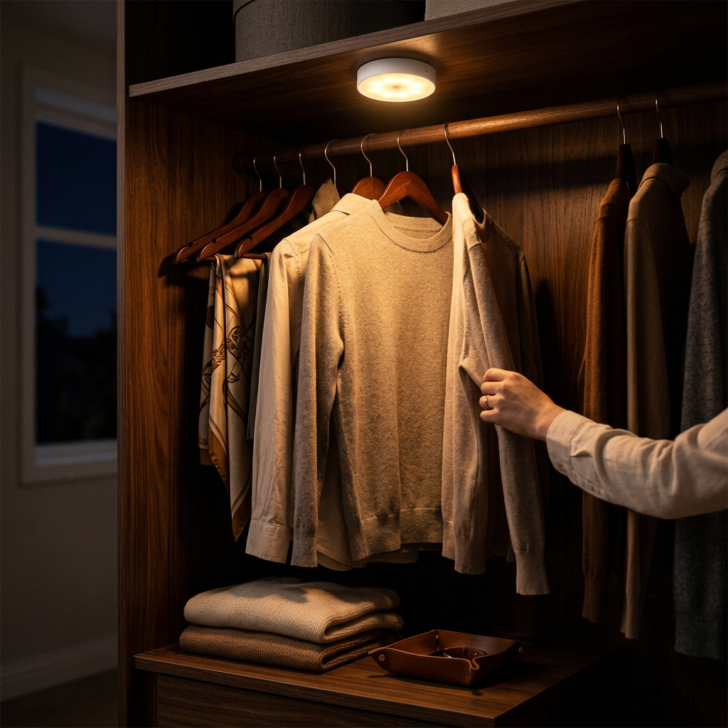 Motion sensor light glowing inside a wardrobe at night