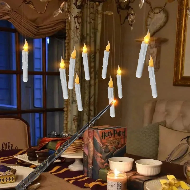 Floating candles lit above a dining hall table