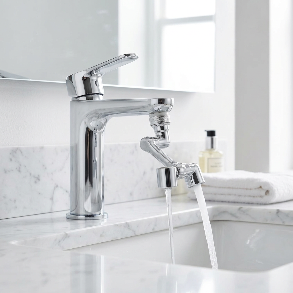 Rotating tap extender fitted to a bathroom basin tap