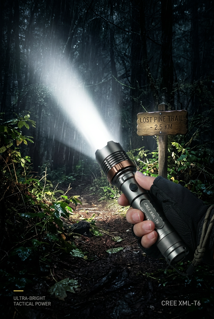 Zoom torch beam on a bush trail at night