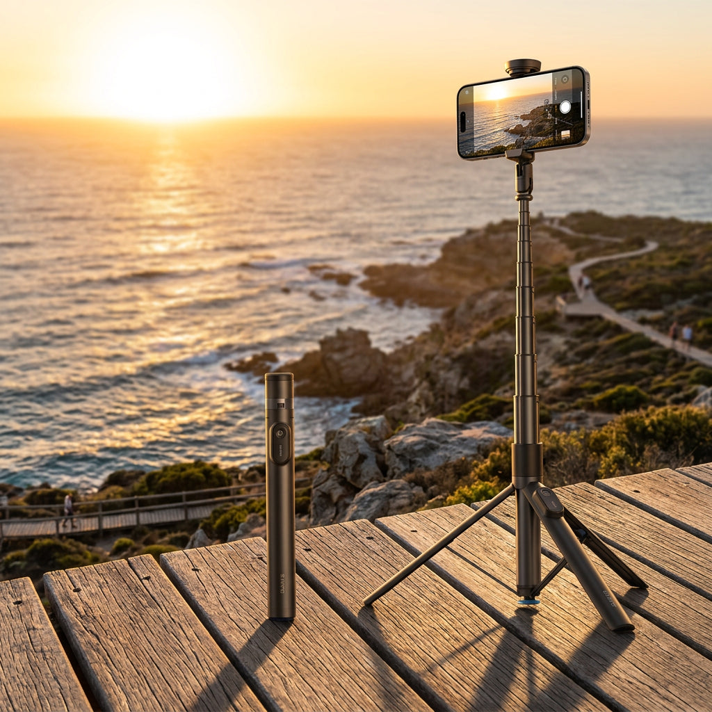 Auto-open tripod selfie stick standing on a clifftop boardwalk at sunset