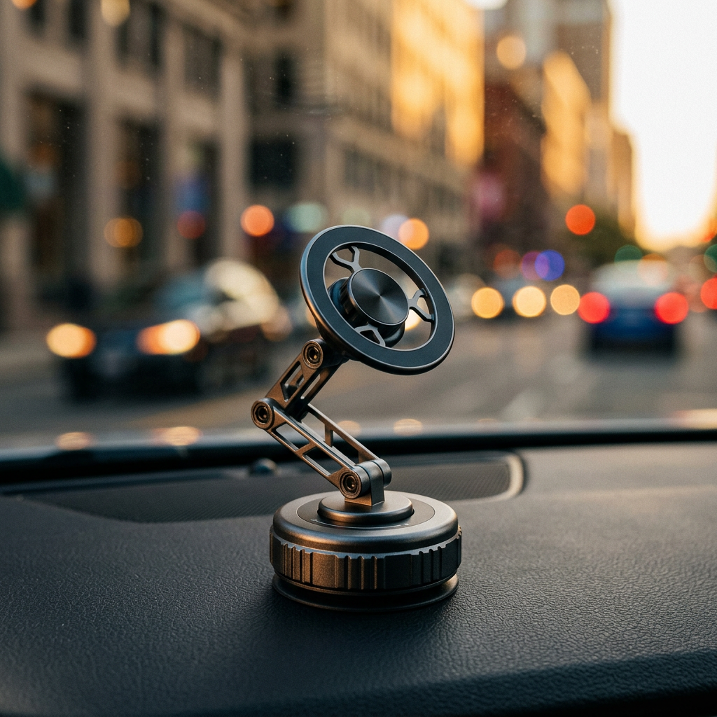 Vacuum suction phone holder on a car dashboard