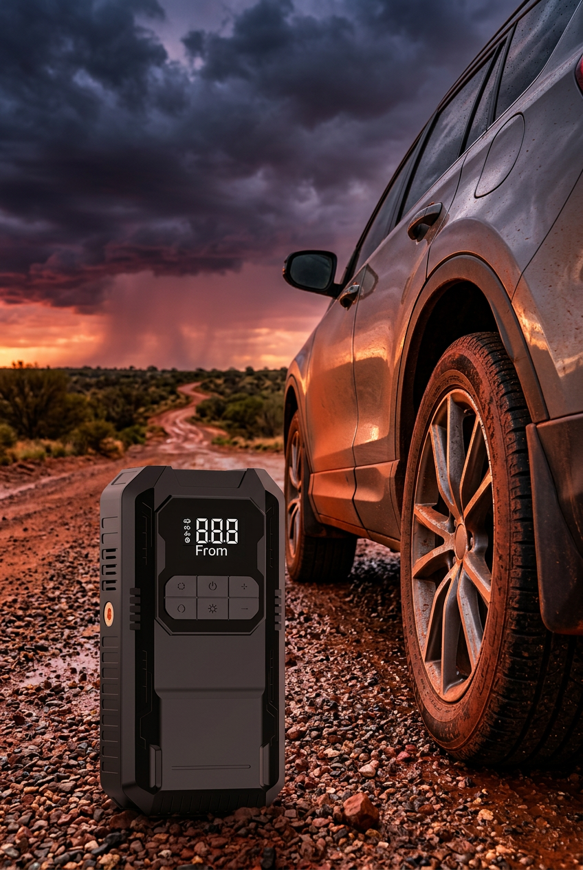 Jump starter with air compressor beside a car tyre on a dirt road at dusk