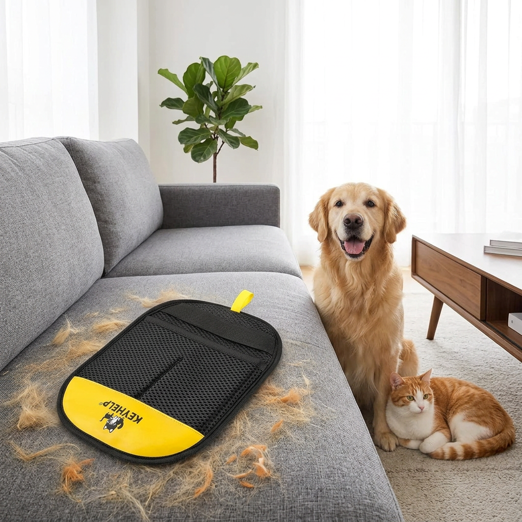 Pet hair removal glove on a sofa with a dog and cat