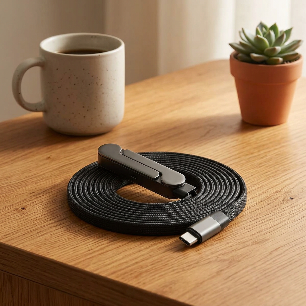 240W braided charge cable with stand on a wooden desk