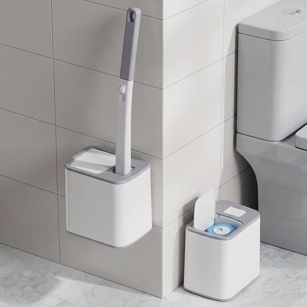 Toilet brush dock shown wall-mounted and free-standing beside a toilet