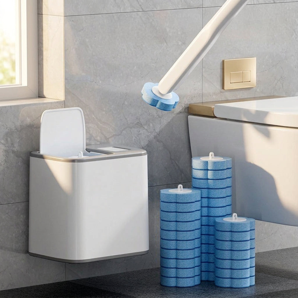 No-touch disposable toilet brush with wall-mounted dock and stacked scrub heads in a modern bathroom