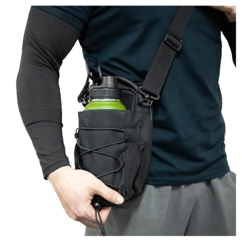 Magnetic gym bottle bag worn as a crossbody sling