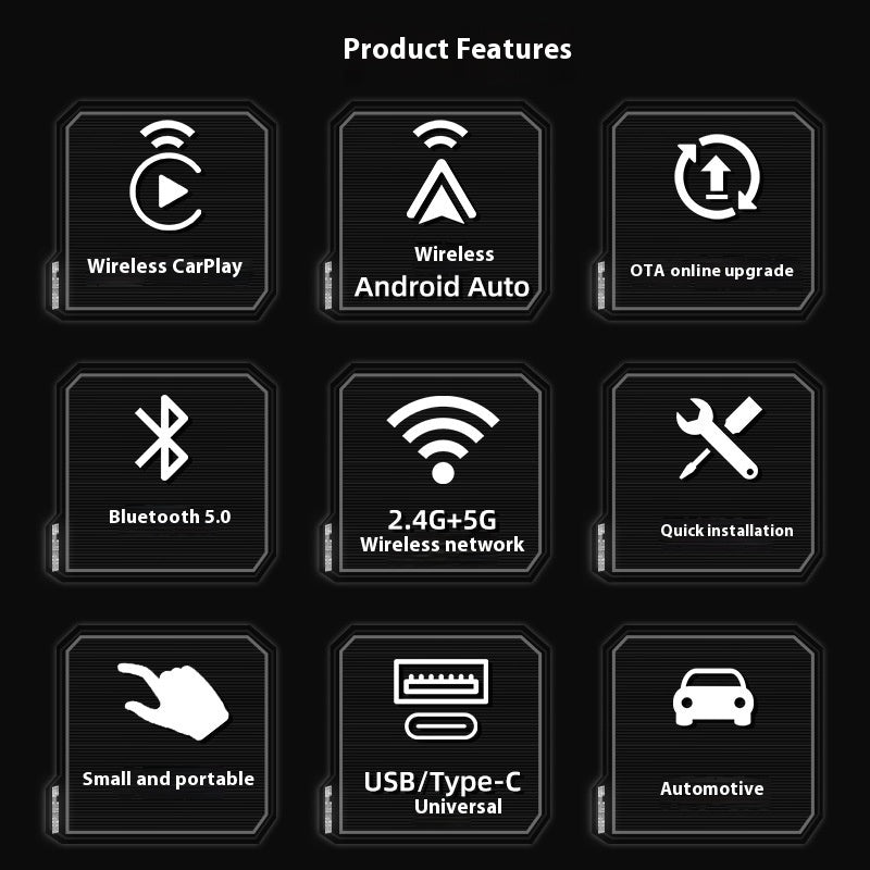 Adapter features: wireless CarPlay, wireless Android Auto, Bluetooth, plug and play