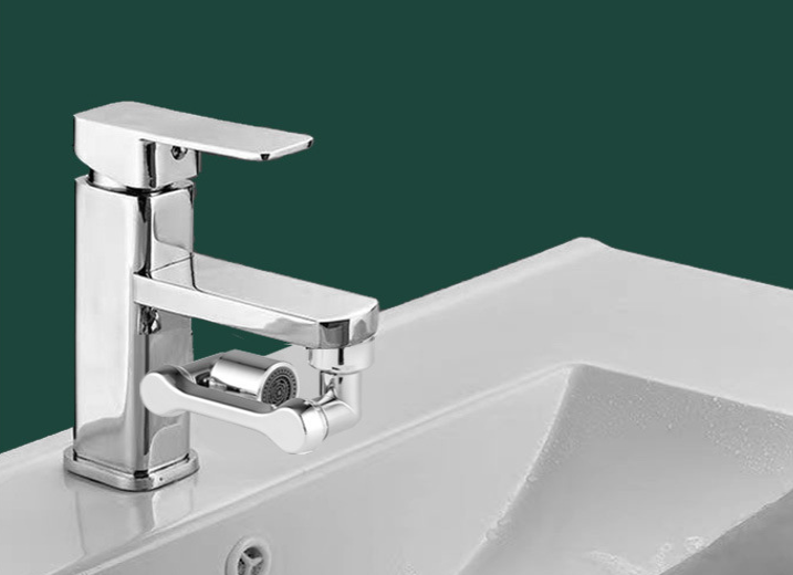 Rotating tap extender on a chrome bathroom tap