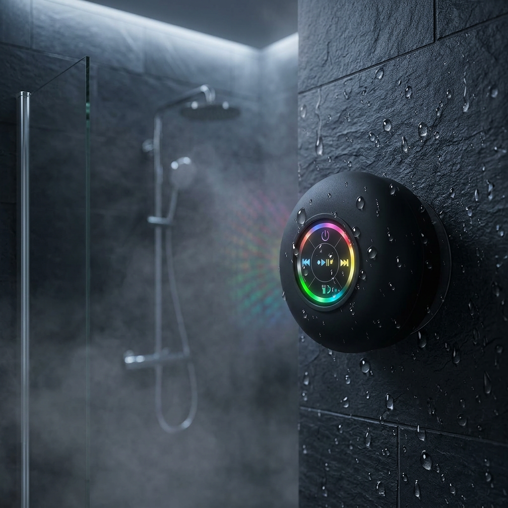 Suction shower speaker lit up on wet shower tiles