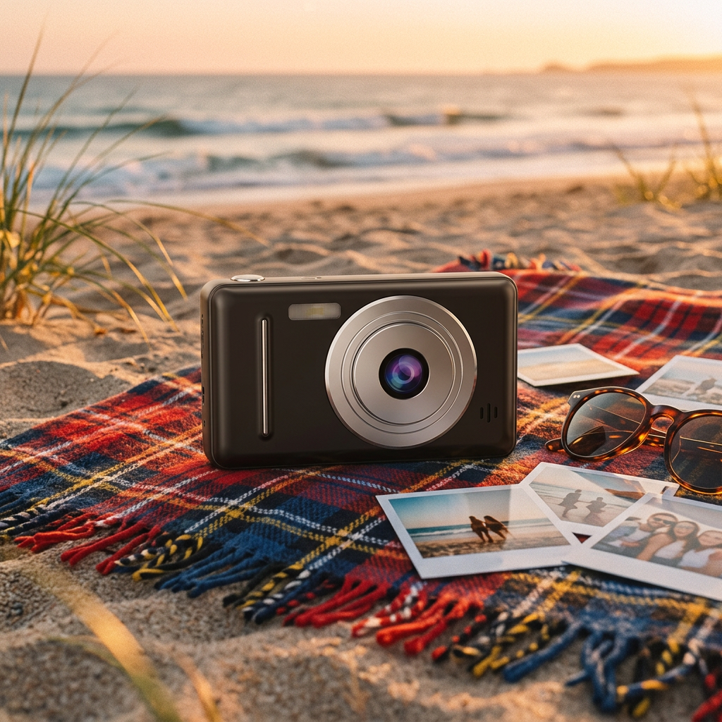 Retro digital camera on a beach picnic blanket at golden hour