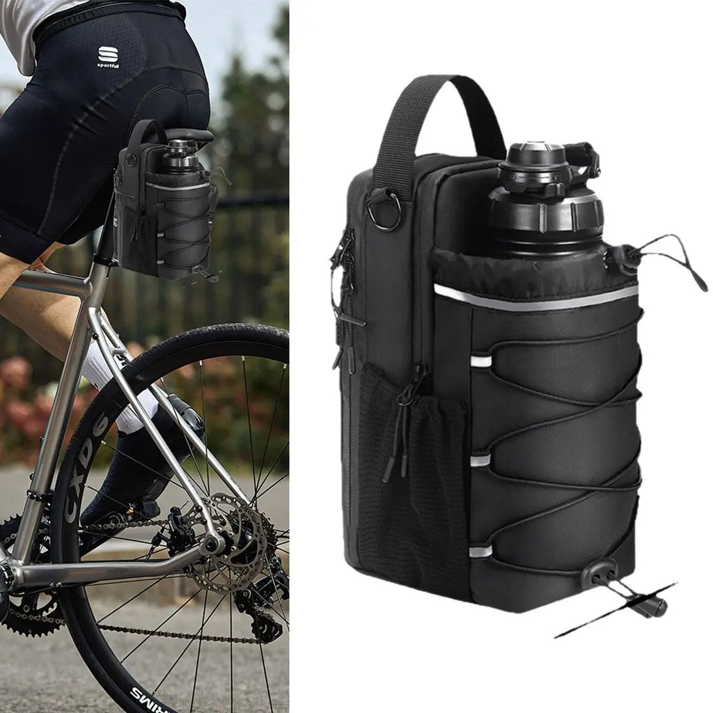 Magnetic gym bottle bag holding a water bottle on a bike