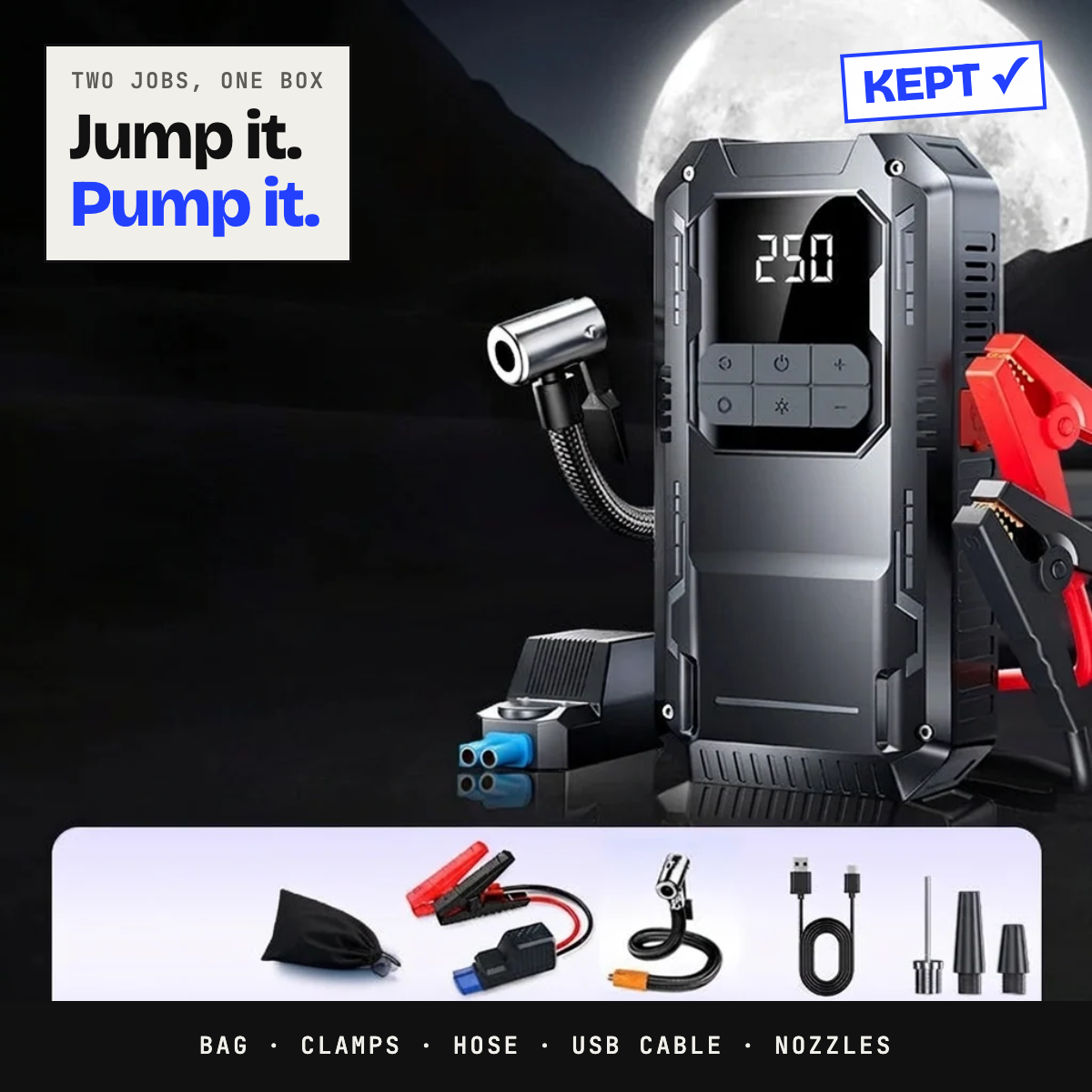 12V jump starter and air compressor with its bag, clamps, hose, USB cable and nozzles