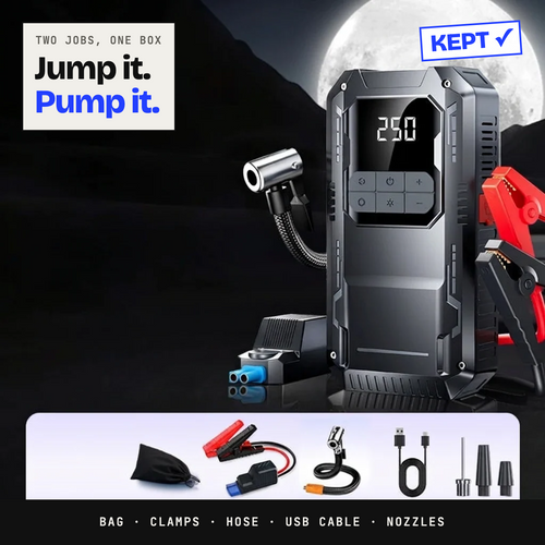 12V jump starter and air compressor with its bag, clamps, hose, USB cable and nozzles