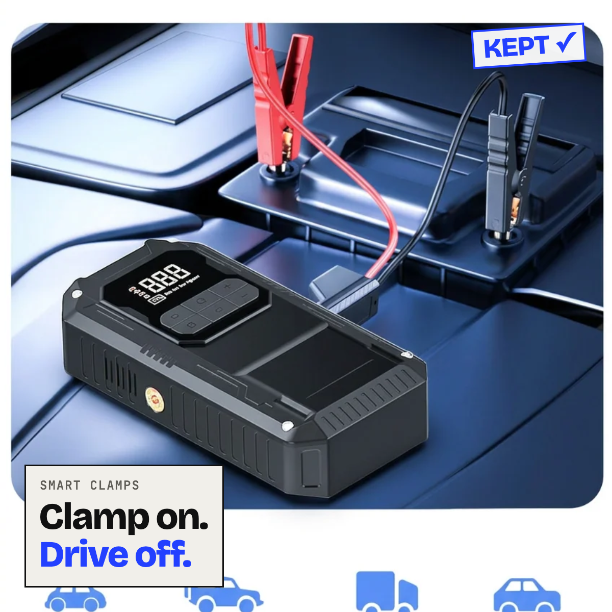 Jump starter clamped to a car battery