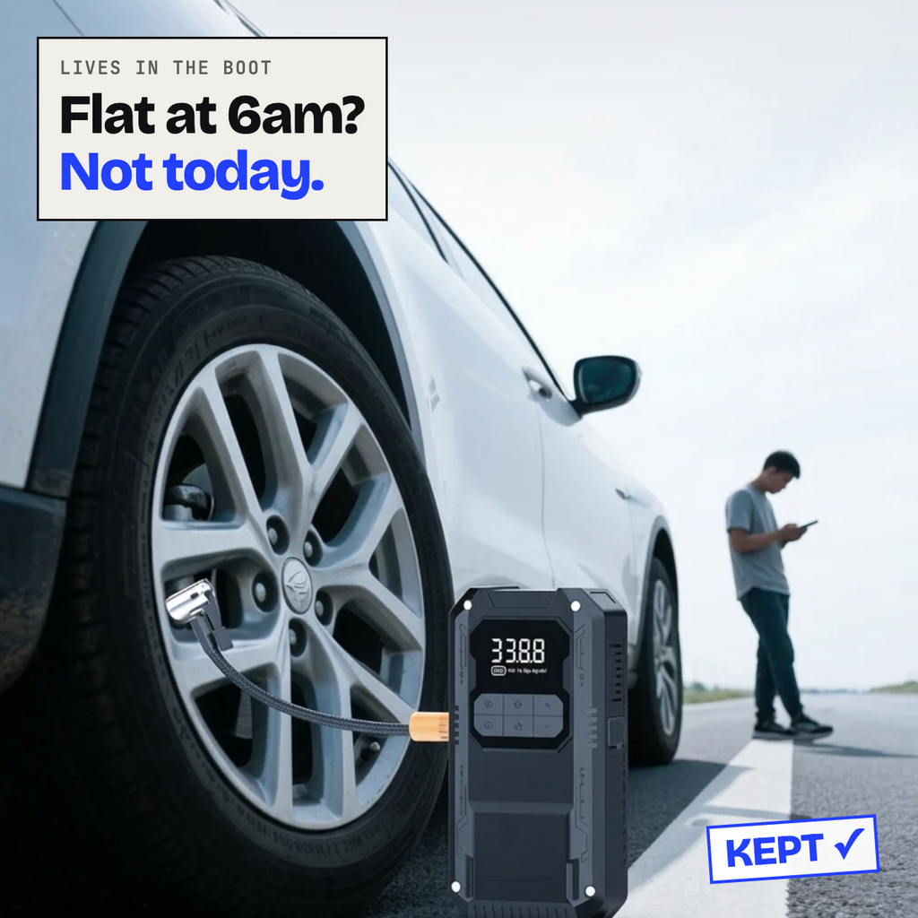 Jump starter inflating a car tyre while the driver waits