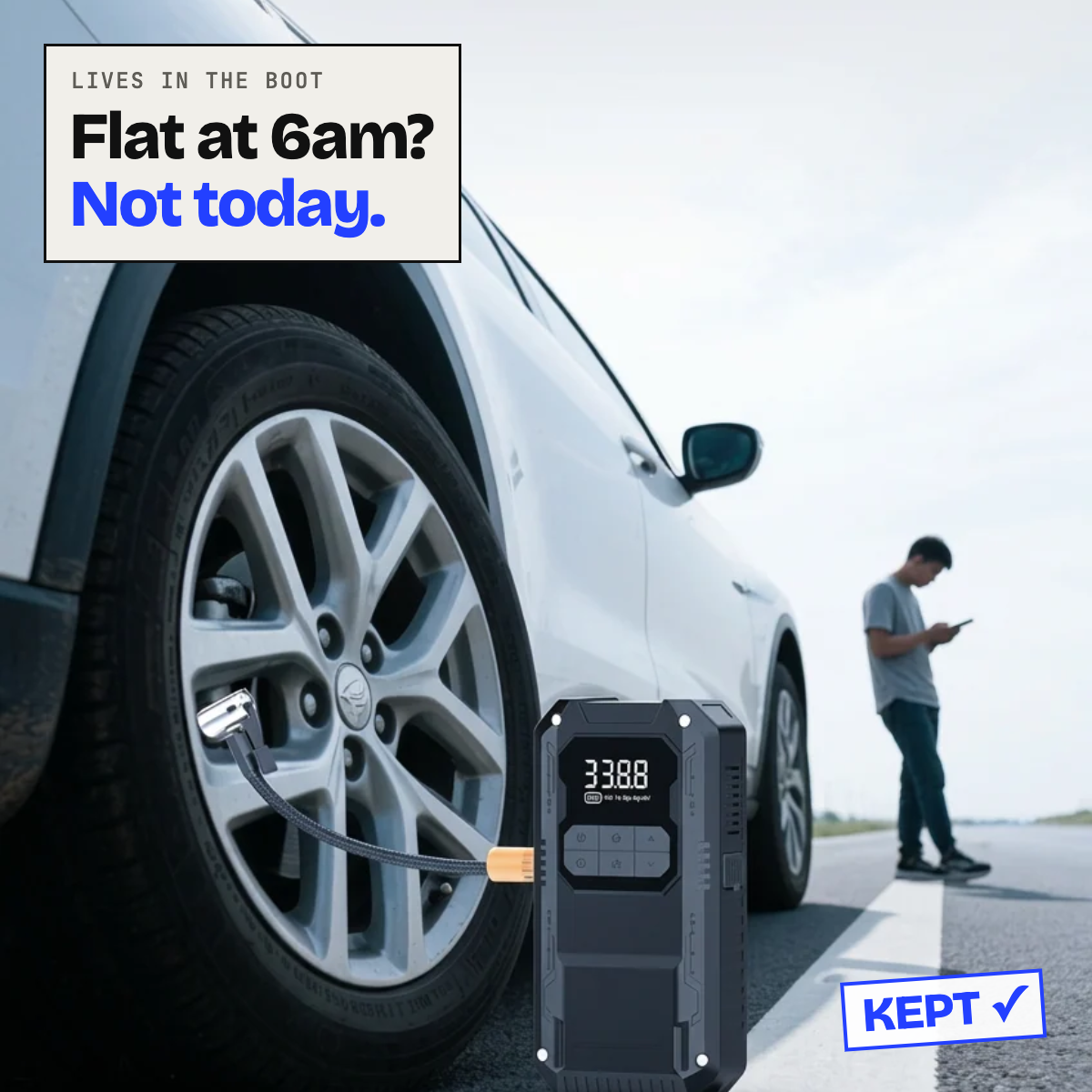 Jump starter inflating a car tyre while the driver waits