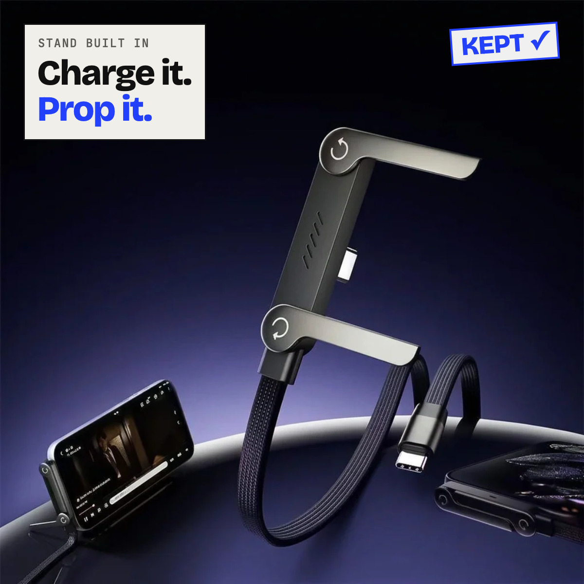 Cable head folded out into a phone stand