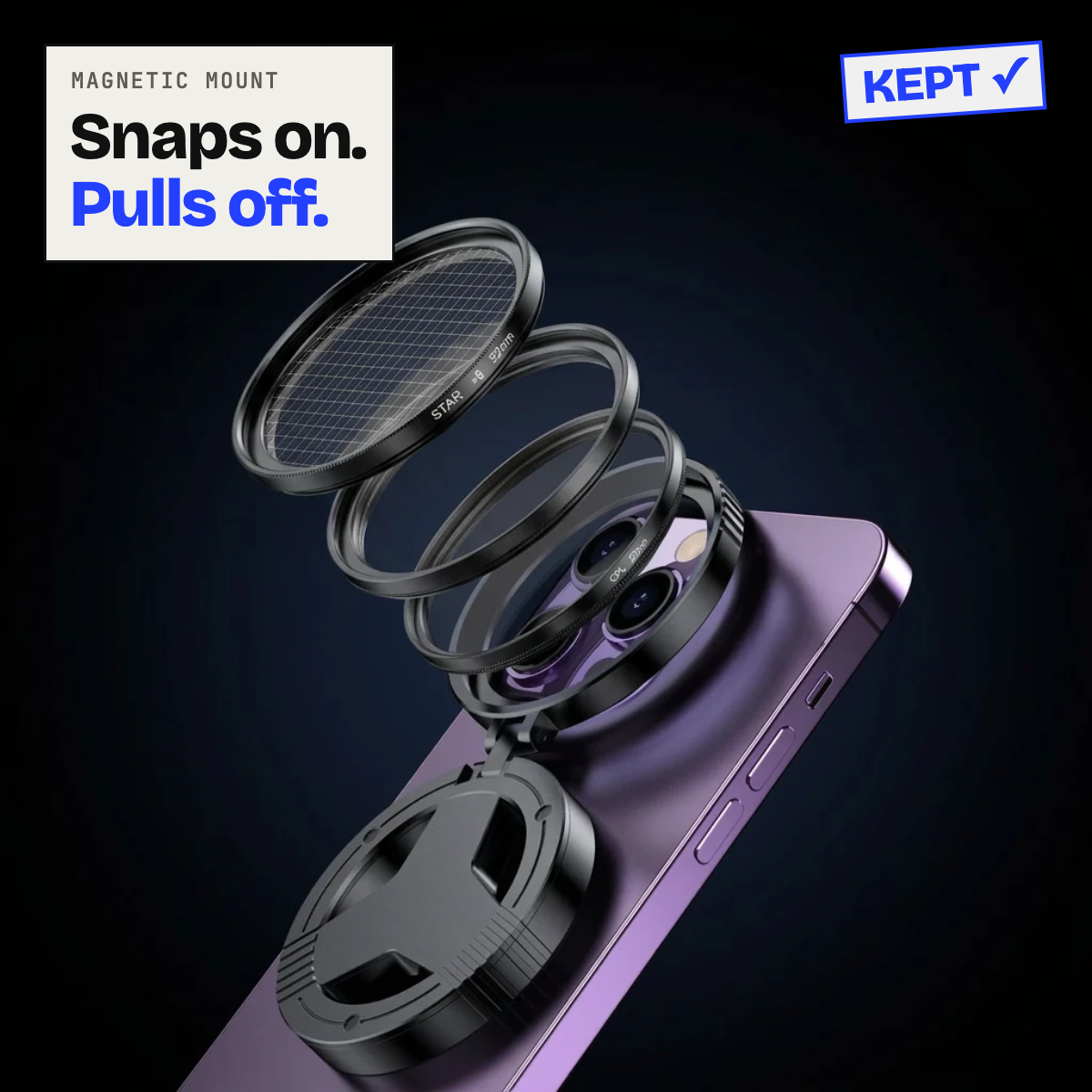 Polarising filter layers snapping onto a phone
