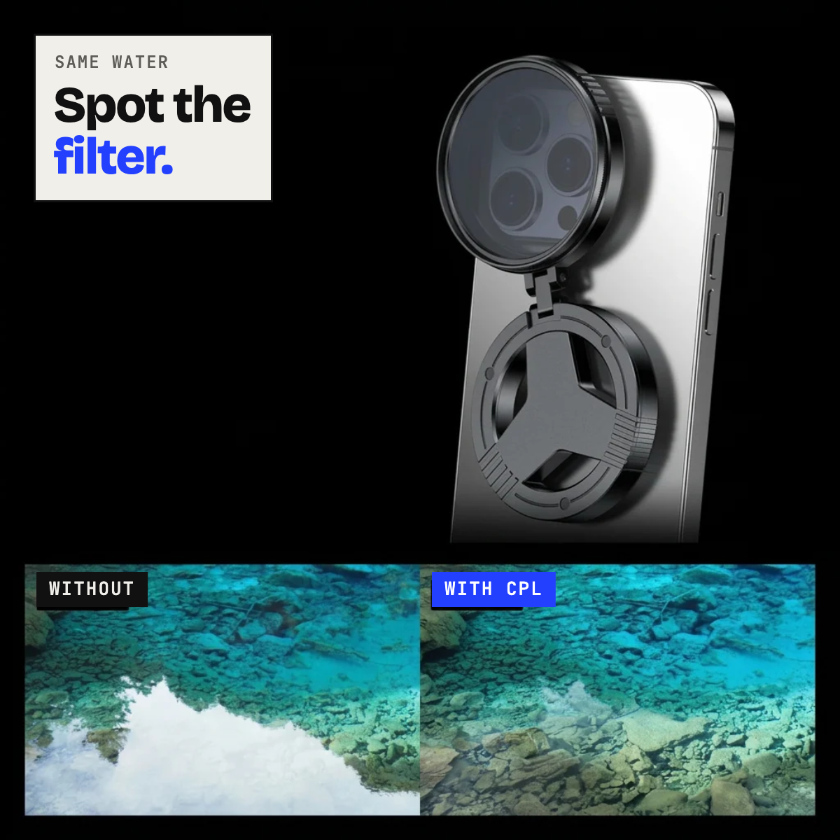 Water photo without and with the polarising filter