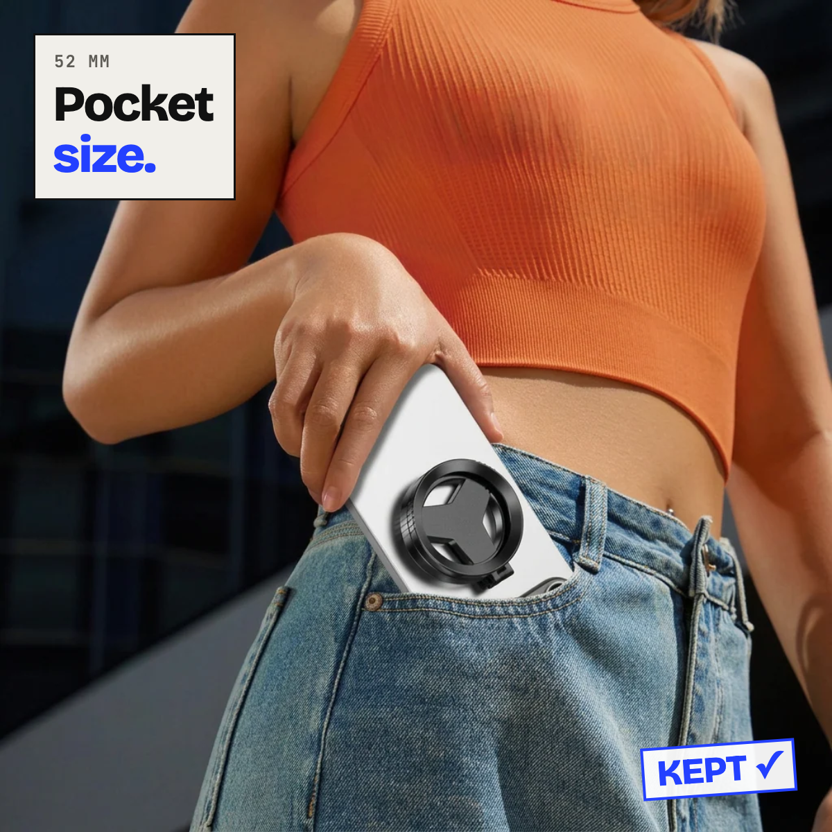 Phone with filter tucked into a jeans pocket