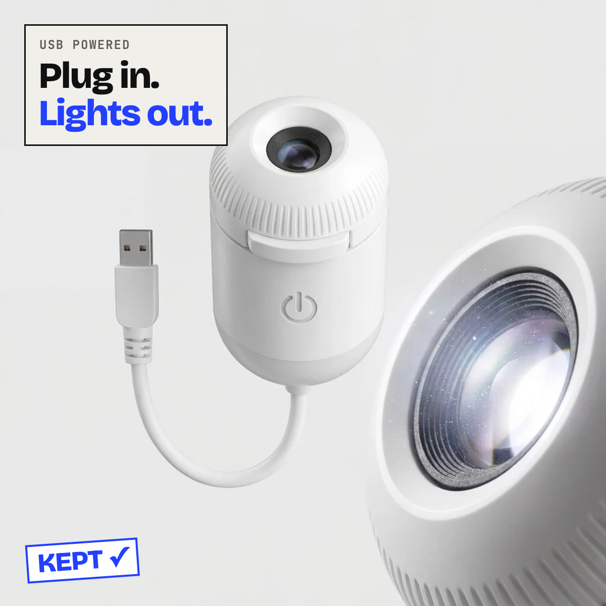 Galaxy projector with USB cable and lens close-up