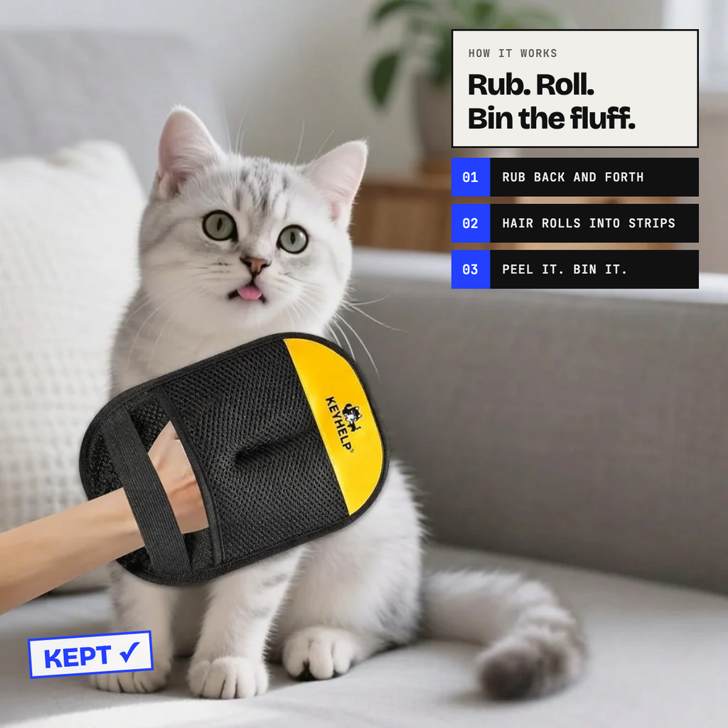 How the pet hair glove works: rub back and forth, hair rolls into strips, peel it off