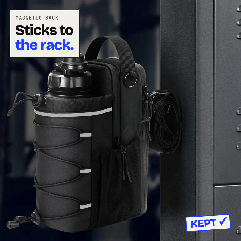 Bottle bag stuck to a gym rack by its magnetic back