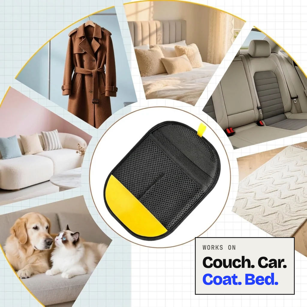 Pet hair glove works on the couch, car seats, coats and bedding