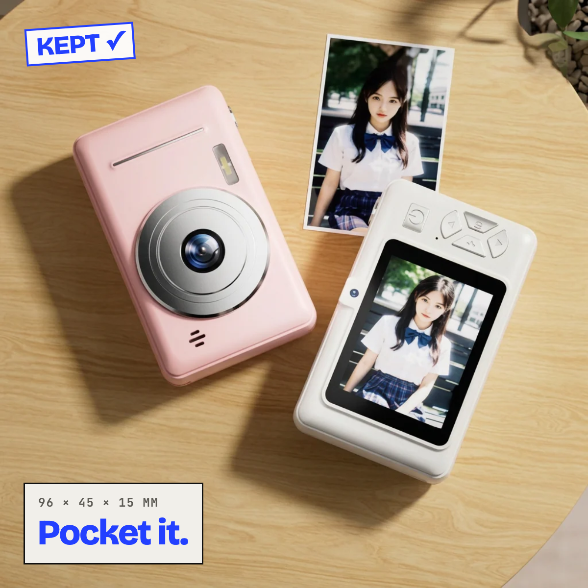 Pink and white retro digital cameras on a table with photos