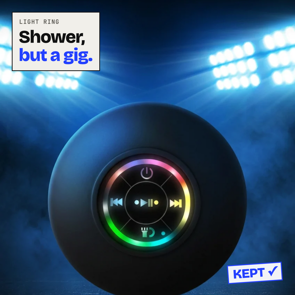 Shower speaker with its colour light ring glowing