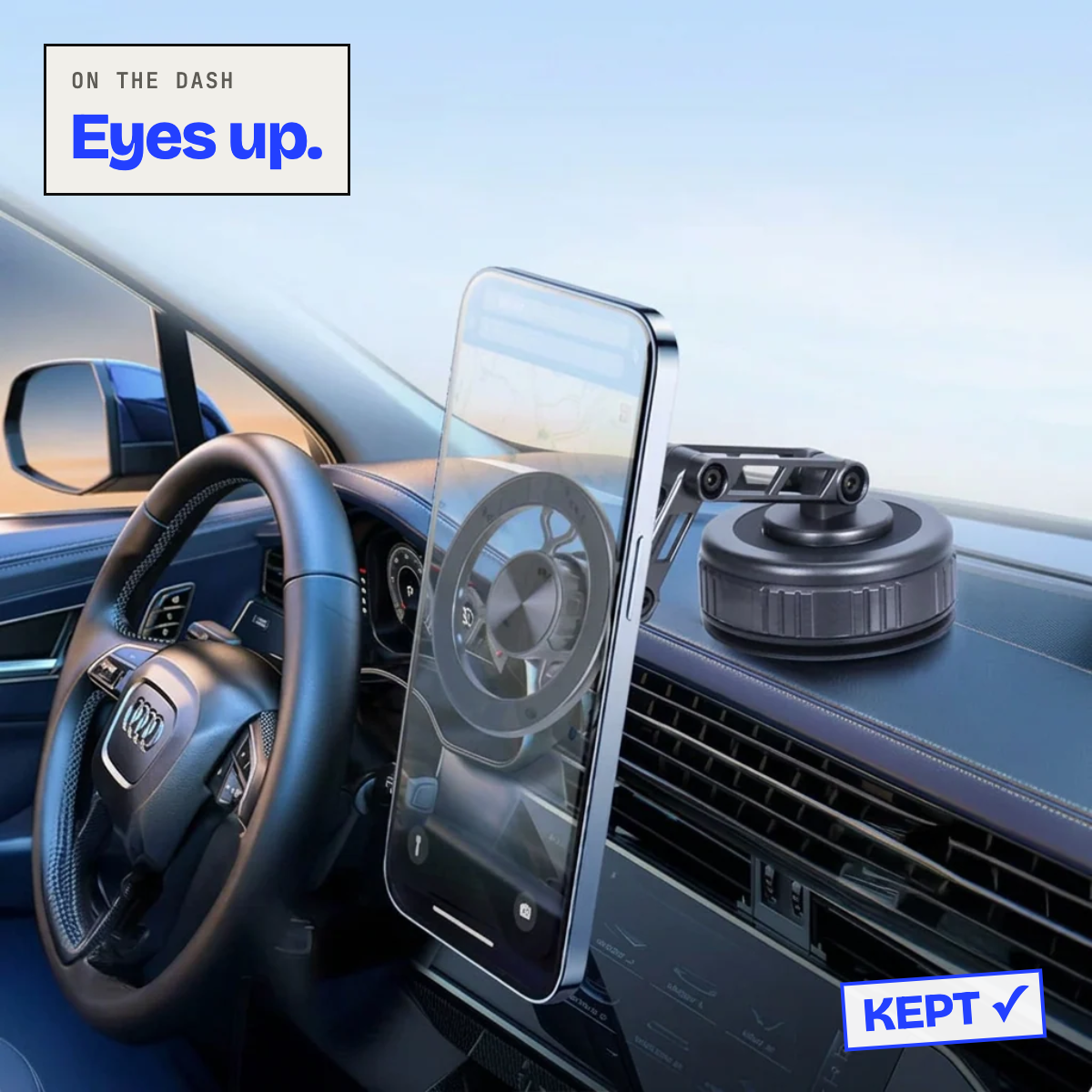 Phone mounted on the dash with the holder