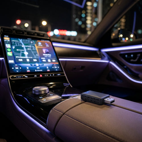 Wireless CarPlay adapter on a car centre console at night with maps on the screen