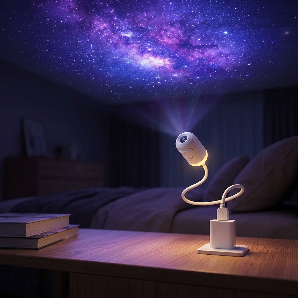 Galaxy projector night light casting stars on a bedroom ceiling
