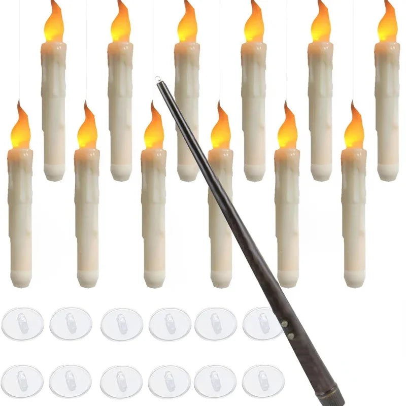 12 floating LED candles with wand remote and adhesive hooks