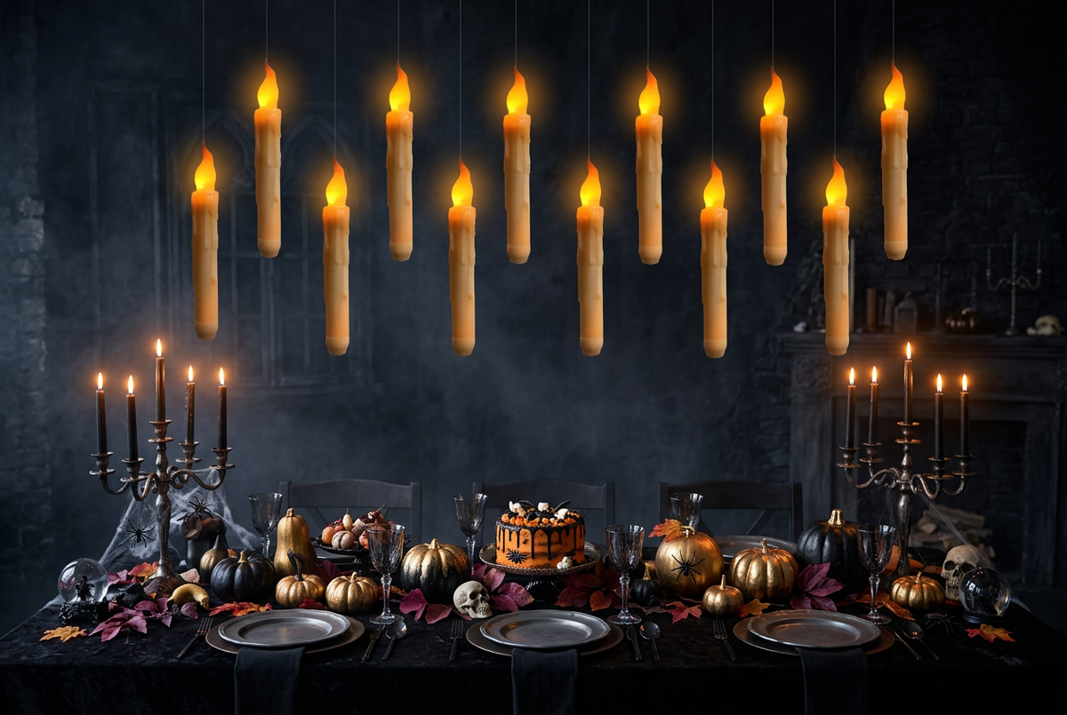 Floating LED candles above a Halloween dinner table
