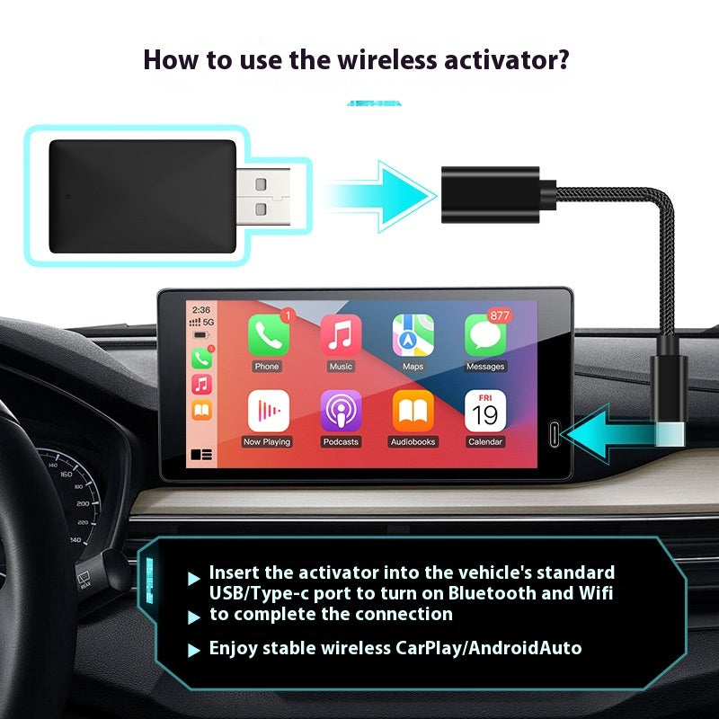 Plug the adapter into the car's USB port and pair once for wireless CarPlay