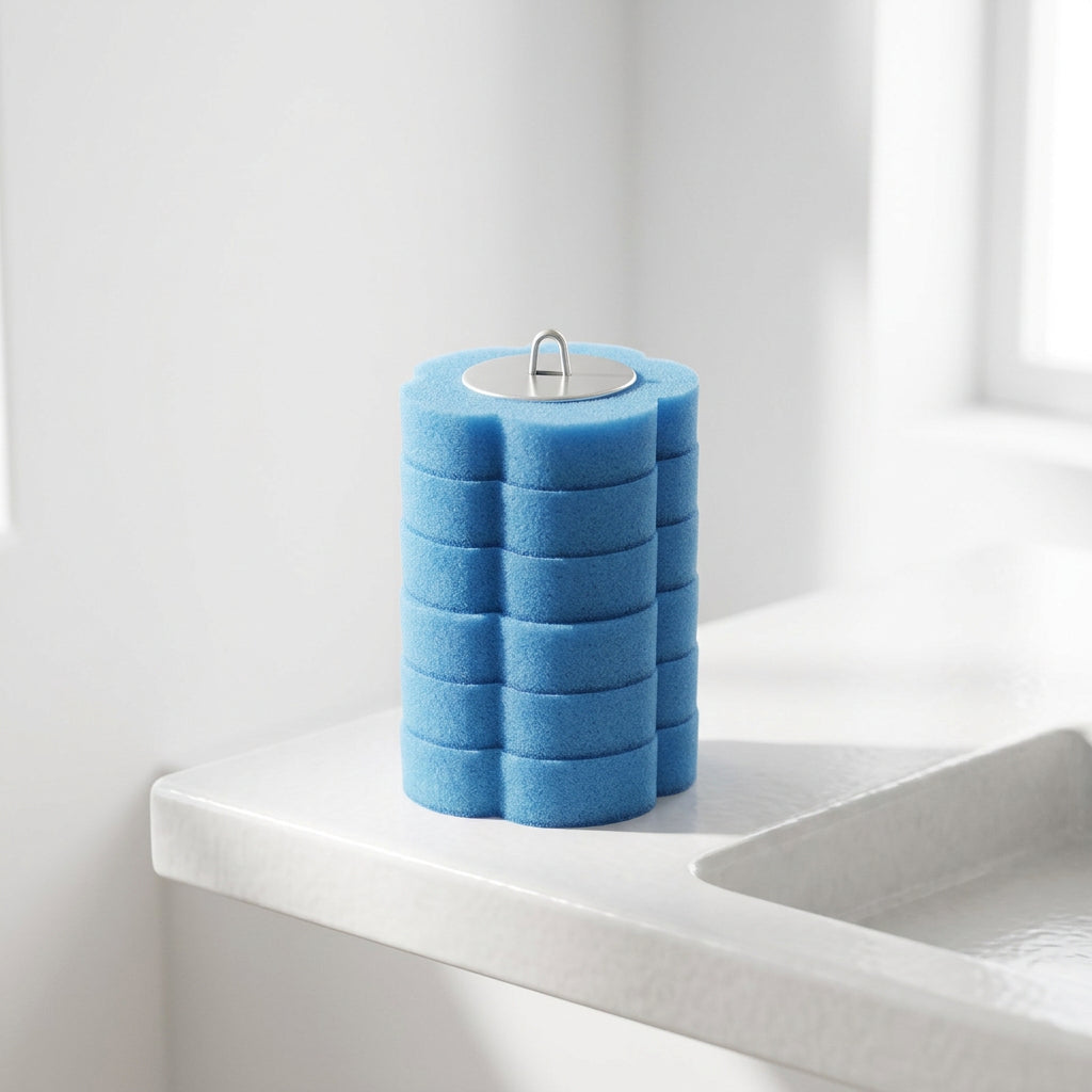 Stack of blue disposable toilet scrub heads, refill pack
